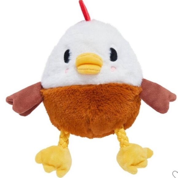 BARK 4.25” Classic Fuzzy Squeaky White Brown Gold Farm Rooster Plush Dog Toy - Picture 1 of 11